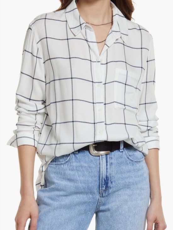 Treasure & Bond Tops - Treasure & Bond White Shirt with Black Windowpane Grid